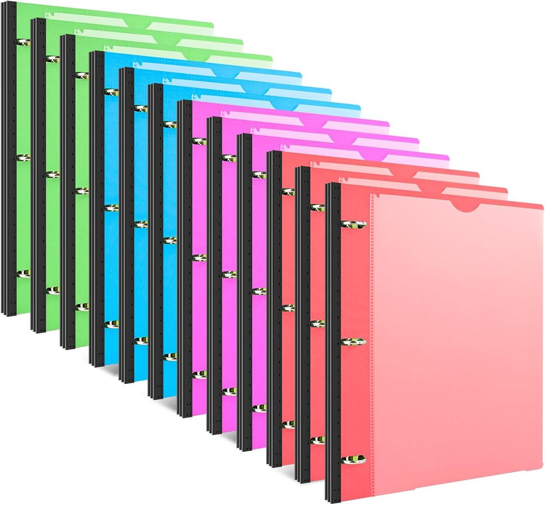 INFUN Telescoping 3 Ring Binder - 12 PCS, Flexible Round Binder with Customizable Front Cover and Clear Catalog Pocket, Holds 8.5x11 inch Paper, 0.75 Inch, With Clear Front Pocket - 12 PCS, Red+pink+ Blue+green