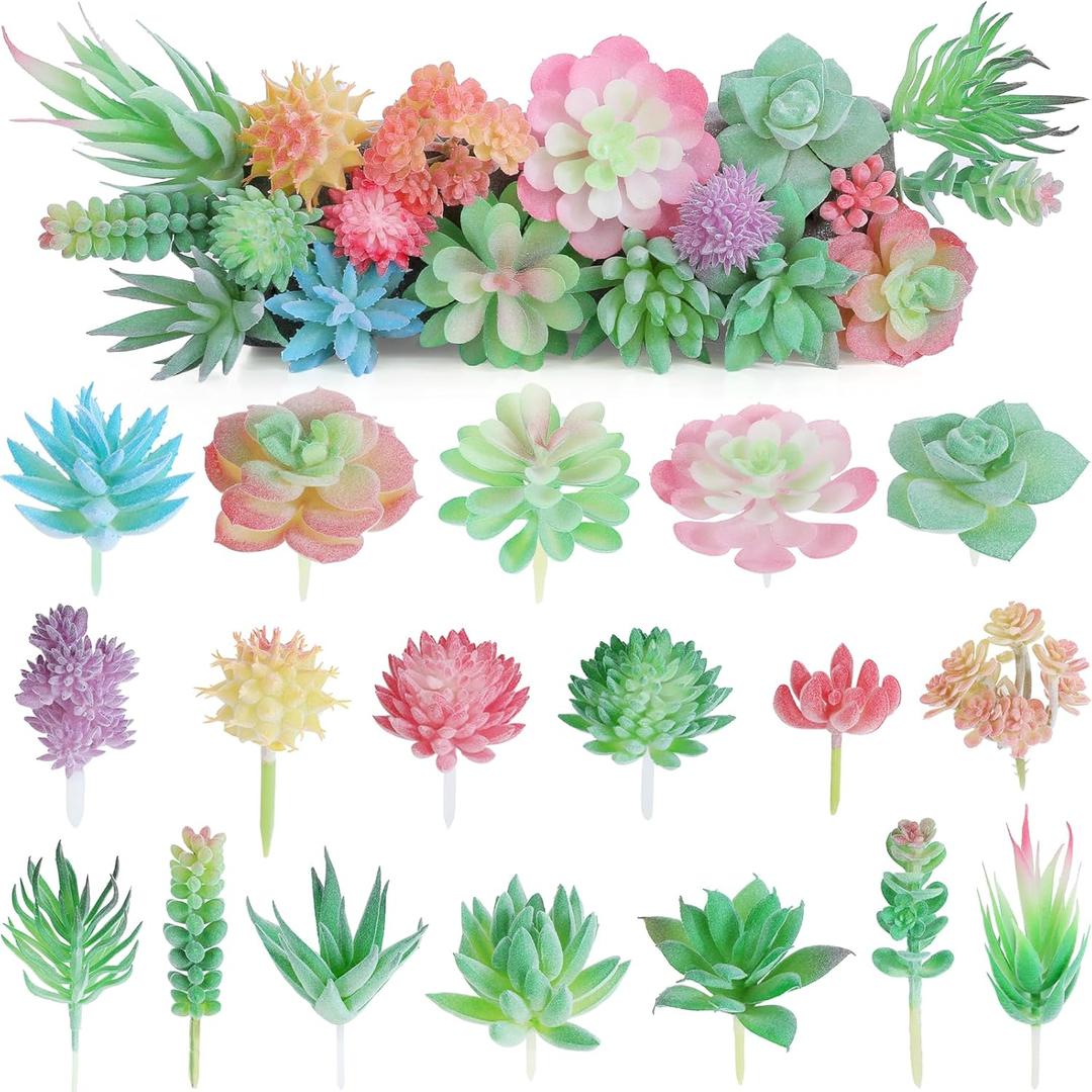 HEY FOLY 18 Pcs Artificial Succulents Mini Fake Plants Unpotted Faux Succulent, Small Plastic Succulents Assortment in Flocked Green Floral Decor for Party, Cake, Garden & Outdoor (Pink)