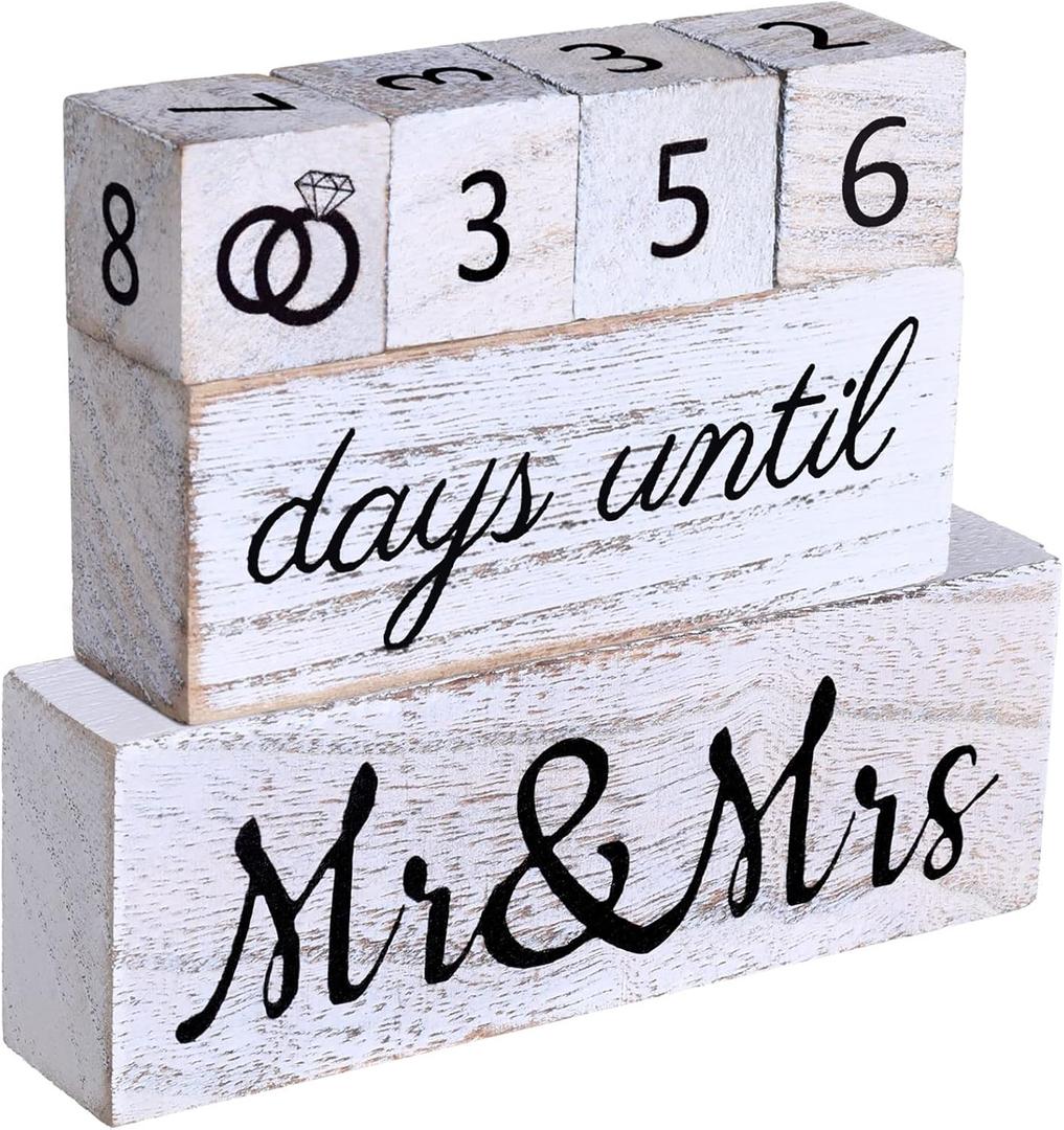 Bucherry Set of 6 Wedding Countdown Calendar Wooden Blocks Engagement Gifts Bride to Be Bridal Shower Gifts for Couples Days Until Sign, Rustic White with Black Numbers for Engagement Party Decor
