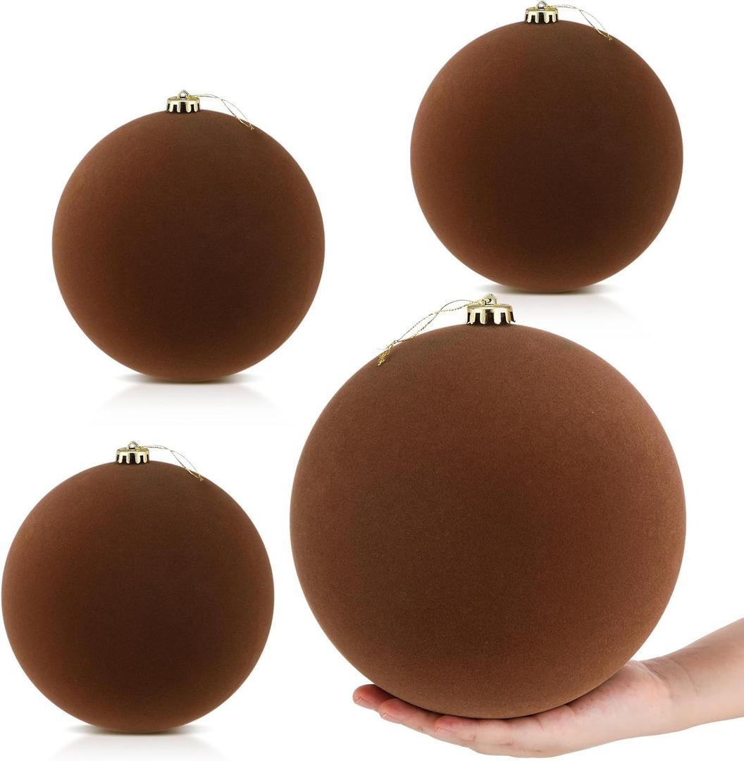 4 Pcs 8 Inch Extra Large Velvet Christmas Balls Oversized Huge Big Christmas Tree Ornaments Balls for Family Holiday Xmas Tree Hanging (Brown)