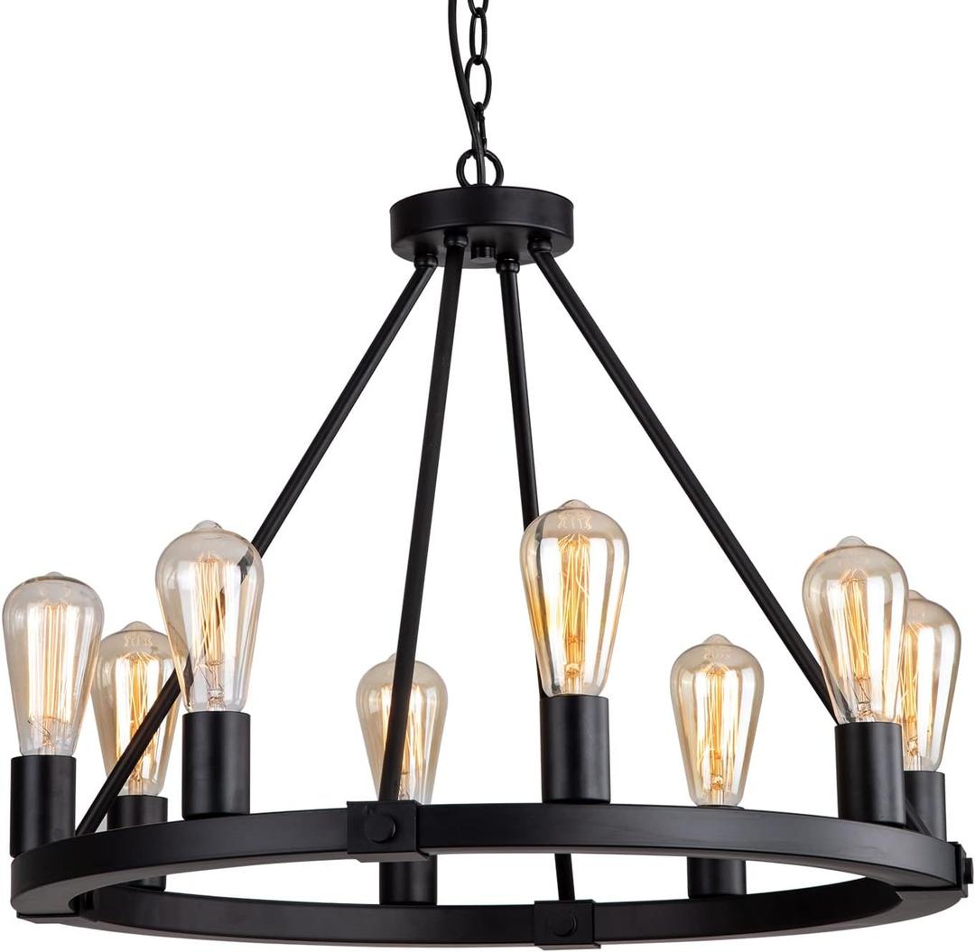 9MMML 23.6" 8 Lights Wagon Wheel Chandelier,Black Metal Round Industrial Vintage Kitchen Island Pendant Light for Living Dining Room Foyer Entryway,Height Adjustable,E26.
