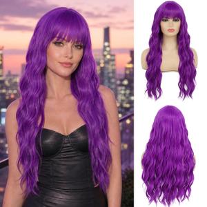 Sallcks Womens Long Curly Wavy Wig Purple Wigs with Bangs Synthetic Full Wigs for Daily Party Cosplay Costume