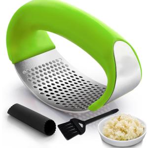 Angel's Peel Lounge Stainless Steel Garlic Press Rocker Set with Silicone Garlic Peeler & Cleaning Brush  Garlic Chopper, Mincer, Grater, Crusher  Easy for Crushed Cloves  Rust-Resistant, Green