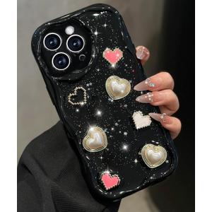 Toycamp for iPhone 16 Pro Max Case Cute - Women Girly Girls Glitter Phone Cover 16 ProMax Kawaii Sparkle Bling Shine Aesthetic Pretty Unique Wave Design Funda for Apple 16 Pro Max, Black Heart