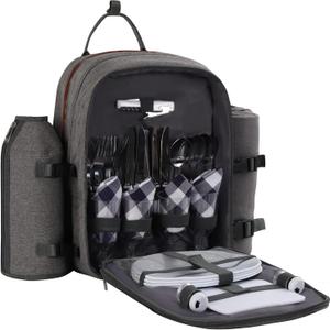 ALLCAMP OUTDOOR GEAR Picnic Backpack for 4 Person W/ Detachable Wine Holder, Insulated Food Compartment and Picnic Cutlery for Family Outdoor Camping and Gift (Grey) (Gray)