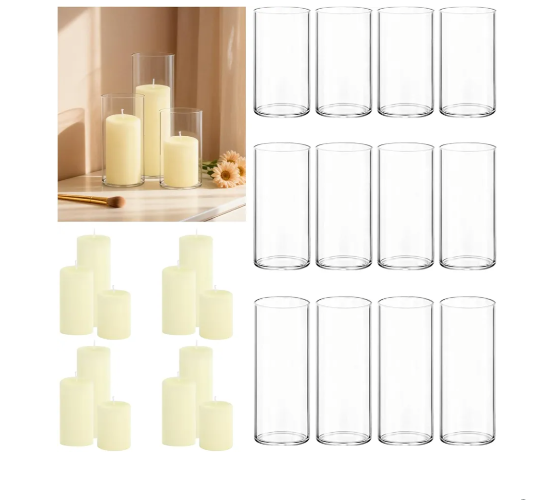 24-Piece Set Includes Ivory Pillar Candles (2"X3, 4, 6) And Glass Cylinder Vases (2.6"X5, 6, 8)，Hurricane Candles, They Are Perfectly Sized To Serve As Centerpieces On Wedding Reception Tables. 1 Missing