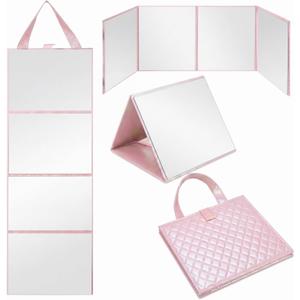 3 Way Foldable Full Length Mirror with Handle Leather 31.89 x 11.22 Inches Portable Hanging Travel Mirror Rectangular for Makeup Dance Home Fitness Spa Hair Styling (Rose Gold)