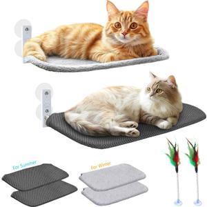 Idepet Cat Window Perch Cordless Foldable Cats Hammock Bed with Interactive Toys,Suction Cups,Reversible Cover Keep Pets Cool Warm for Summer Winter,Indoor Kitten Resting Seat(Gray&Black, 2 Pack)