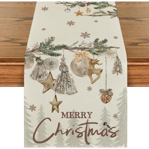 Artoid Mode Xmas Pine Ornament Snowflake Merry Christmas Table Runner, Seasonal Winter Kitchen Dining Table Decoration for Home Party Decor 13x48 Inch (Beige)