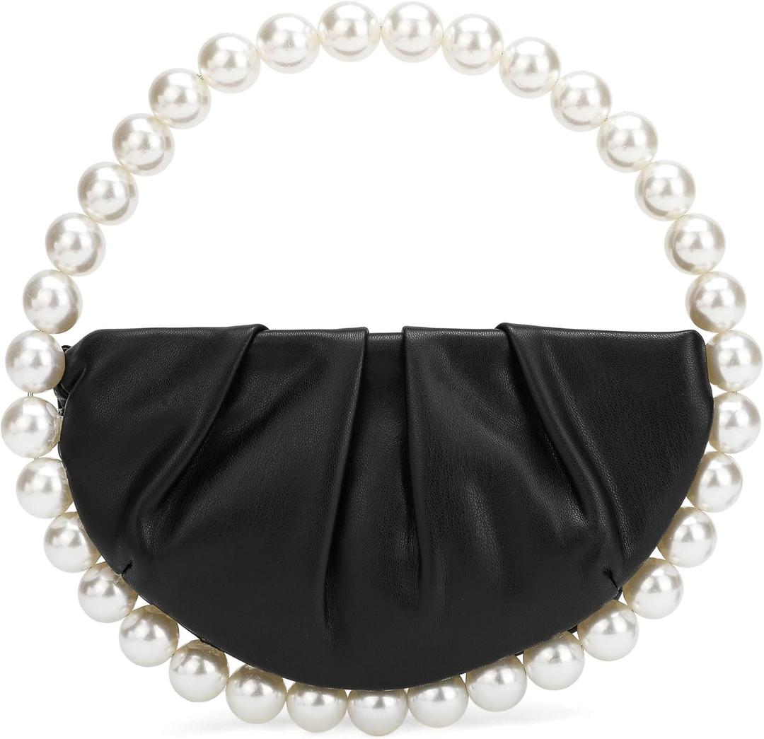 CARIEDO Pearl Soft Face Pleated Handbag Advanced Evening Bag Party Prom Bride Purse Phone Clutch Purse (Black)