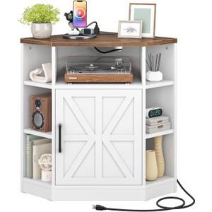 CHOEZON Corner Cabinet with Charging Station, Farmhouse Corner Bookshelf, Corner Storage Cabinet with Adjustable Shelf, for Living Room, Bedroom, Kitchen, Bathroom, White and Walnut MCW26UWL