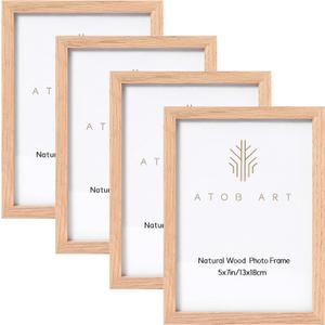 ATOBART 5x7 Oak Wood Picture Frames, 4 Pack Natural Wood Color Photo Frame with High Definition Glass for Wall Mount or Table Top Display