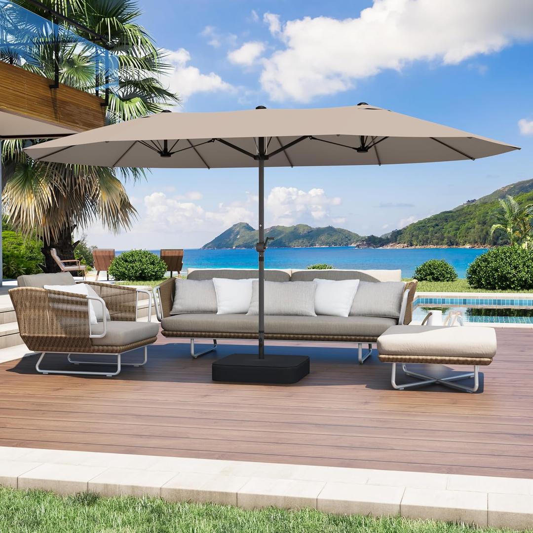 15FT Large Patio Umbrella with Base Included, Outdoor Deck Standing Umbrella with Crank Handle, Double-Side Rectangular Pool Umbrella for Outside, Market, Patio, Beige