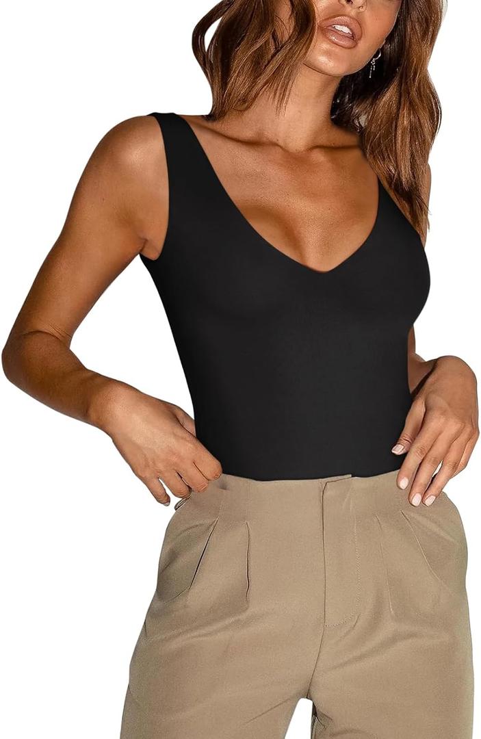 REORIA Butsmooth Womens Basic Sexy Plunge Deep V Neck Sleeveless V Backless Going Out Tank Bodysuits Tops (Large, Black)