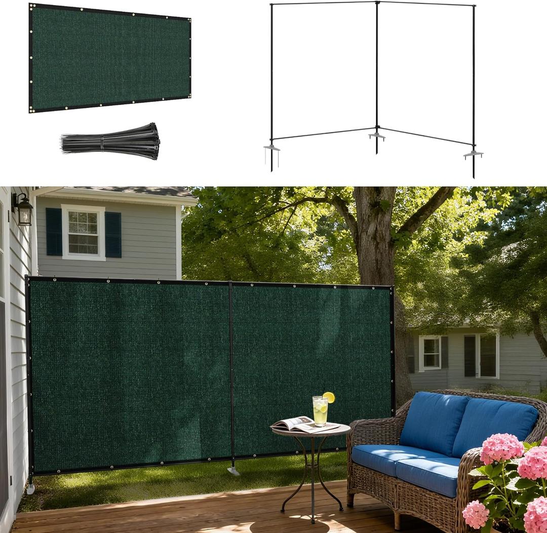 Windscreen4less Outdoor Privacy Fence Screen, 5'x12' Freestanding Privacy Fencing Set with Iron Poles and Ground Spikes, UV Resistant Mesh Cover Garden Pet Fencing for Backyard Patio Pool, Green