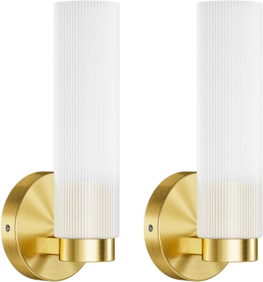 TETOTE Brushed Gold Wall Sconces Set of Two Modern Bathroom Wall Light Fixtures Farmhouse Wall Lights with Frosted Glass Shade for Mirror Bedroom Living Room (2 Packs)