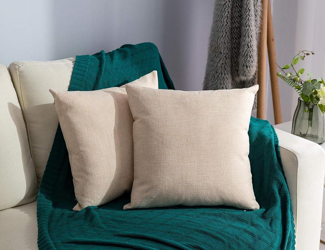 Stellhome Set of 2 Decorative Linen Throw Pillow Cover Square Burlap Farmhouse Cushion Cover for Bedroom, 20 x 20 inch (50 cm), Beige