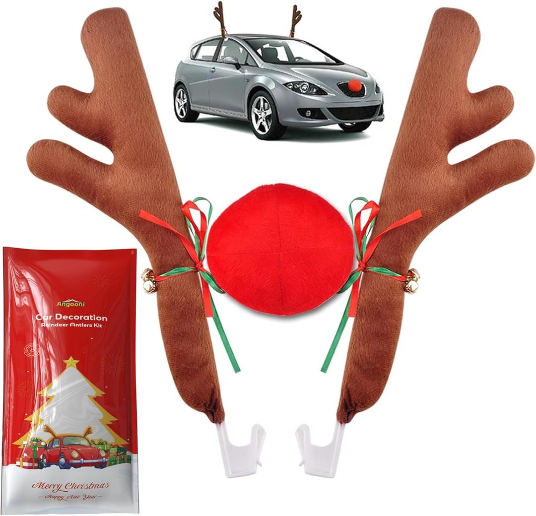 Car Reindeer Antlers & Nose Christmas Costume Auto Decoration, Rudolph Reindeer Jingle Bell Added to Holiday Spirit by Angooni (15.5 inch)