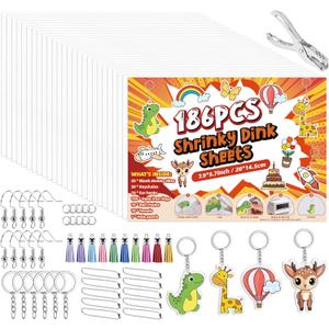 186 Shrinky Dink Sheets kit, Shrinky Sheets Keychain kit Including 25 Sheets Shrinky Plastic Paper, Tassels, Keychain, Open Iron Ring, Earrings, Pearl chain and Hole Punch for Creative Craft Marking