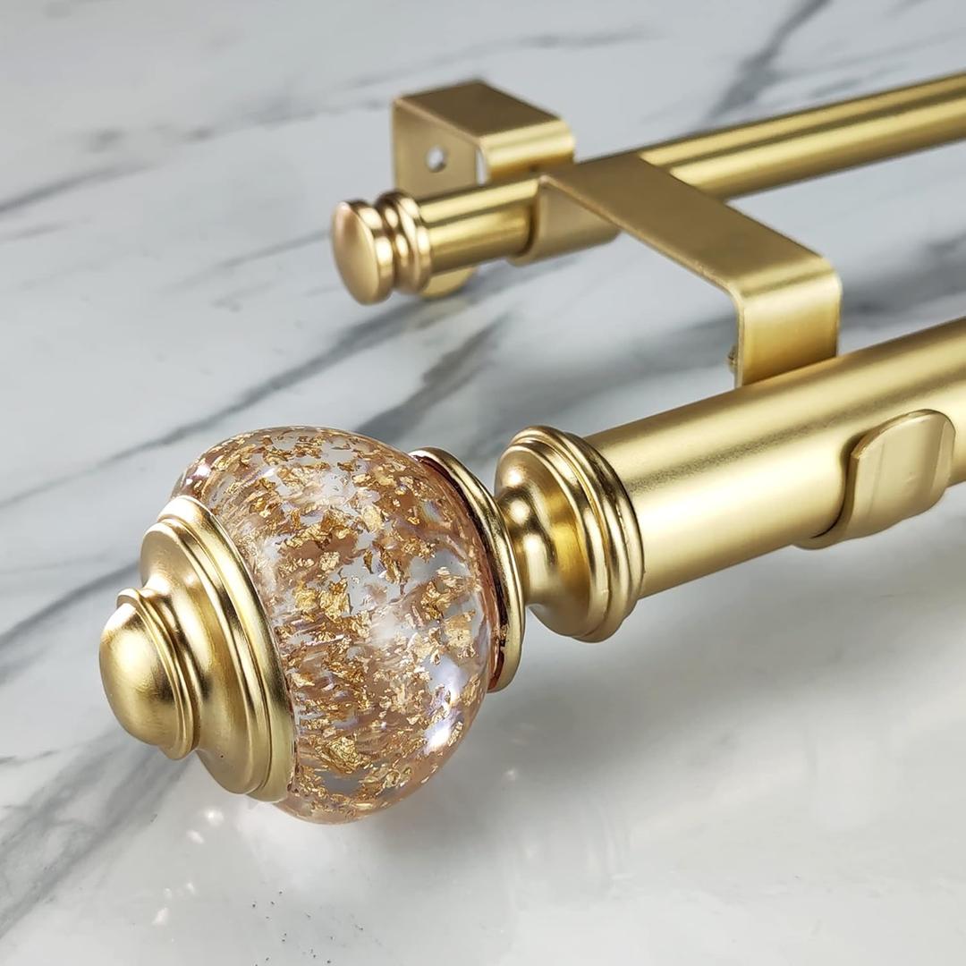 Double Curtain Rod Set: 1-1/8 Inch Diameter Luxury Gold Curtain Rods, 8 Ft Adjustable Drapery Rod with Clear Gold Foiled Finials for 1 Pack   8ft long