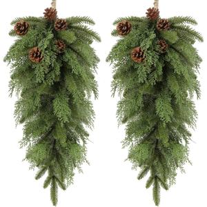 Yunlly 2 Pcs Artificial Christmas Teardrop Swag 26" Artificial Pine Needle Branches Christmas Greenery Teardrop Wreath Faux Winter Wreath with Conifer Cones for Xmas Door Mantle Decor (Pine Branches)