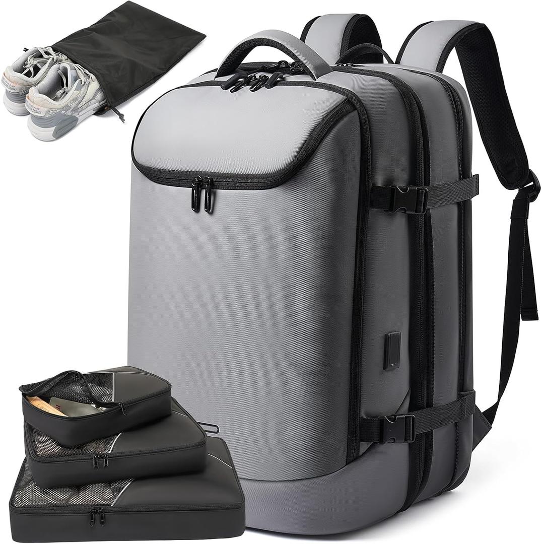 TANGCORLE Laptop Backpack for Women, 50L Carry On Backpack Men, Expandable Flight Approved Water Resistant Luggage with 3 Packing Cubes & USB Port, Travel Backpack Fits 17.3 Inch Notebook (Grey-comes With Airtight Bag)