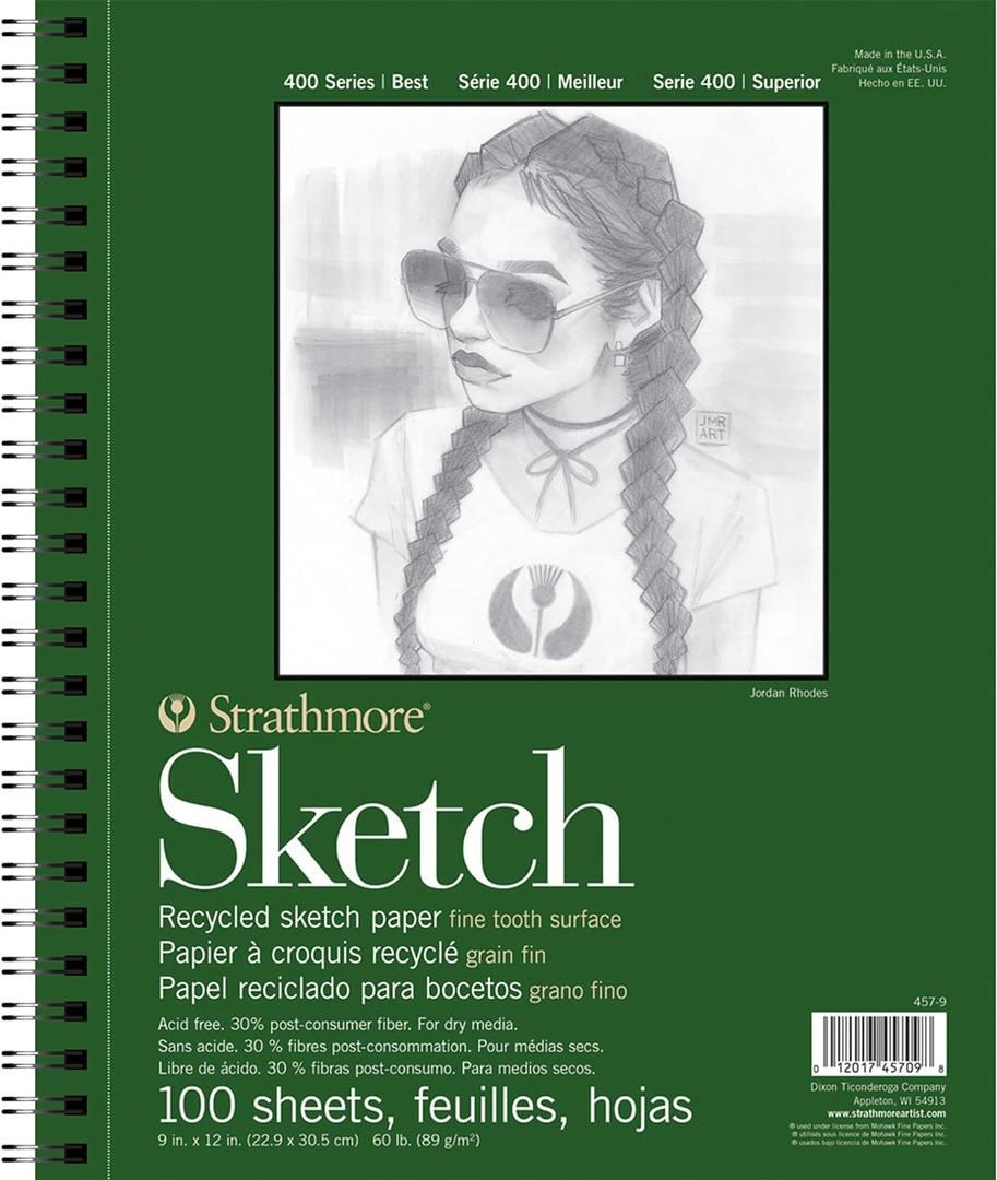 Strathmore 400 Series Sketch Pad, Recycled Paper, 9x12 inch, 100 Sheets - Artist Sketchbook for Drawing, Illustration, Art Class Students