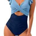 B2prity Women's One Piece Swimsuit Ruffle Cutout Bathing Suits Slimming Tummy Control V Neck Wrap Swimwear (Blue Color Block 3) S