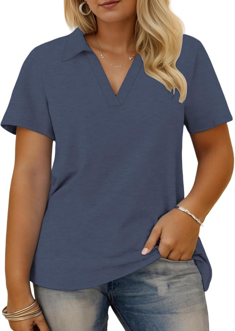 VISLILY Plus-Size-Summer-Tops for Women Collared V Neck Polo Shirts Flowy Tunics Trendy Short Sleeve Blouses XL