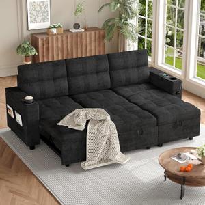 Sectional Sofa Bed, L-Shaped Sofa with Reversible Storage Chaise, Comfy Couches for Living Room with Charging Ports and Storage Armrests, Blsck