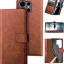 DuckSky Compatible with Samsung Galaxy S26 Ultra Genuine Leather Wallet caseRFID Blocking4 Credit Card HolderReal Leather Flip Phone case Cover Women Men for Samsung S26 Ultra case Light Brown