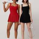 QINSEN Womens Square Neck Tennis Dress Pleated Sleeveless Built in Shorts Golf Athletic Dress with Pockets (Red)