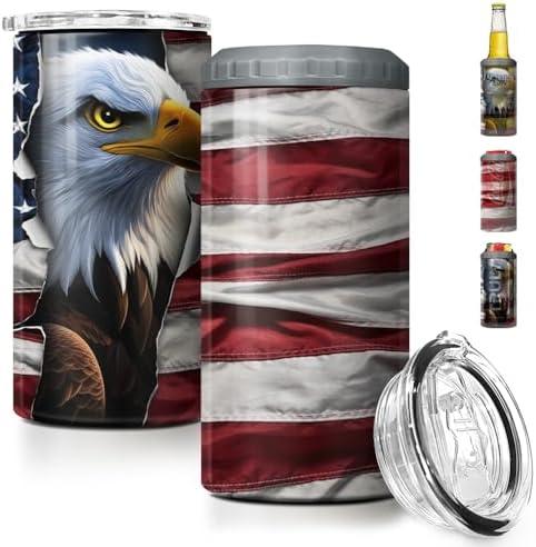 SANDJEST Eagle Tumbler American Flag 4 in 1 12oz Can Cooler Coozie Skinny Stainless Steel Tumbler Gift for Men Dad Father Travel Veteran Day 4th of July, Missing One Cup