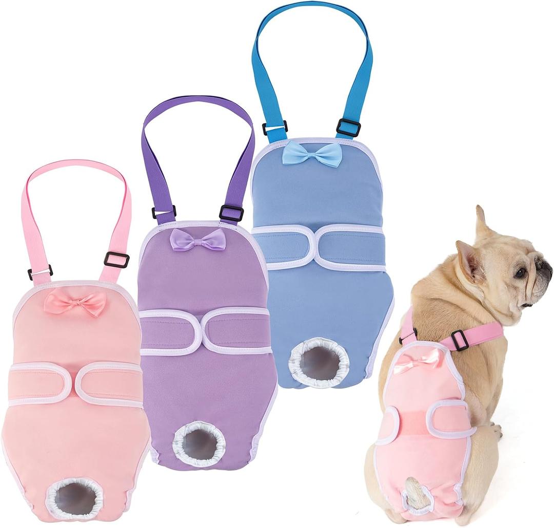 Avont 3 Pack Frenchie Dog Diapers Female, Washable Reusable Girl Doggie Pants for Period Heat Cycle, Full Body Cover Onesie with Adjustable Straps -Pink/Purple/Blue L