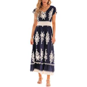 CUPSHE Women's Summer Midi Dress V Neck Ruffle Short Sleeve Smocked Waist Dress (Blue, M)