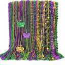 48PCS Mardi Gras Beads, Metallic Mardi Gras Beads Necklace, 10 Kinds Green Purple Gold Necklaces Bulks, Coins Mask Bead Necklace Costumes, Festival Carnivals Events Parade Throws Party Accessories