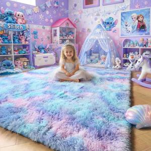 Amdrebio Purple Rainbow Rugs for Bedroom Girls Room Decor, Soft Fluffy Cute Area Rug 4x6 for Kids Room Playroom Nursery Dorm, Mermaid Stitch Frozen Fuzzy Carpet, Plush Kawaii Furry Baby Toddler Rug