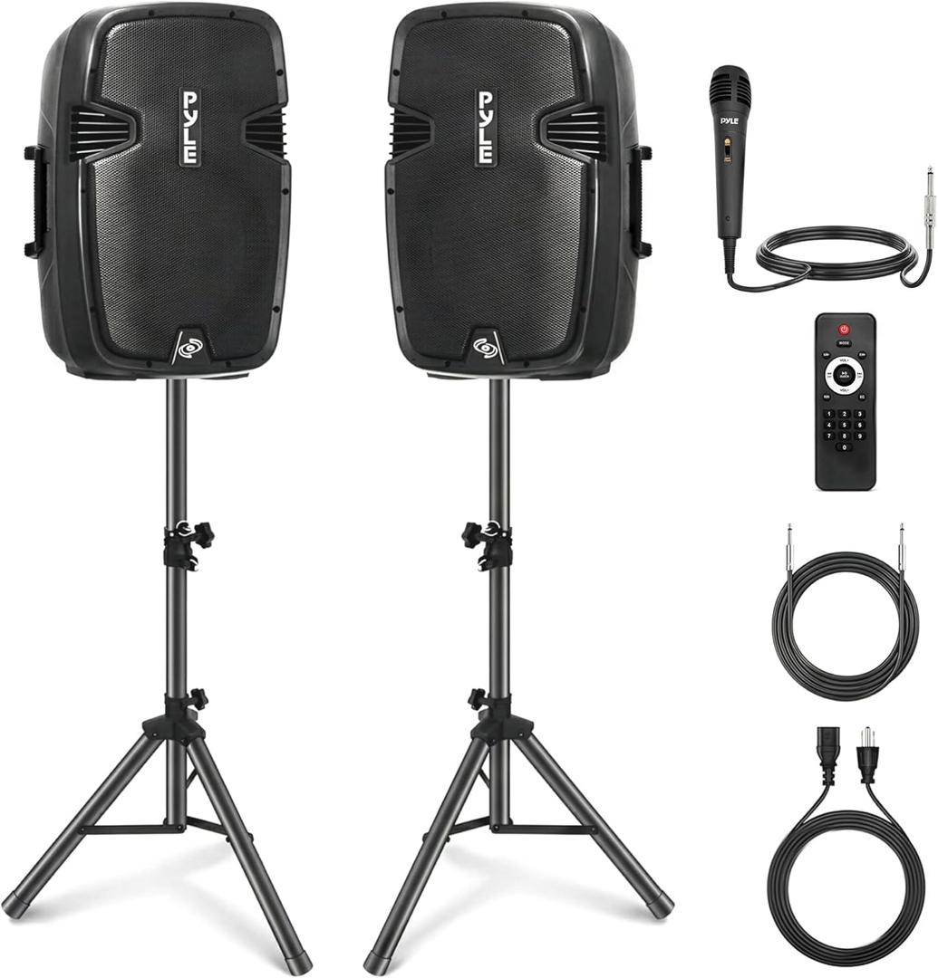 Wireless Portable PA Speaker System - 1800W High Powered Bluetooth Compatible Active + Passive Pair Outdoor Sound Speakers w/ USB SD MP3 AUX - 35mm Mount, 2 Stand, Microphone, Remote - Pyle PPHP1249KT