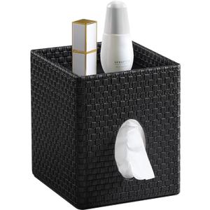 Square Tissue Box Cover, Stylish Leather Tissue Box Holder with Storage Tray, Decorative Tissue Rack Storage Box for Living Room, Bedroom, and Office Desk(Black Woven Pattern)