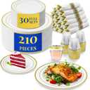 Reli. Plastic Plates for Party | 210 Pieces | White w/Gold Rim | Plates and Napkins Party Supplies | Disposable Dinnerware Set for 30 Guests | Dinner & Dessert Pack, Pre-Rolled Gold Cutlery Set, Cups