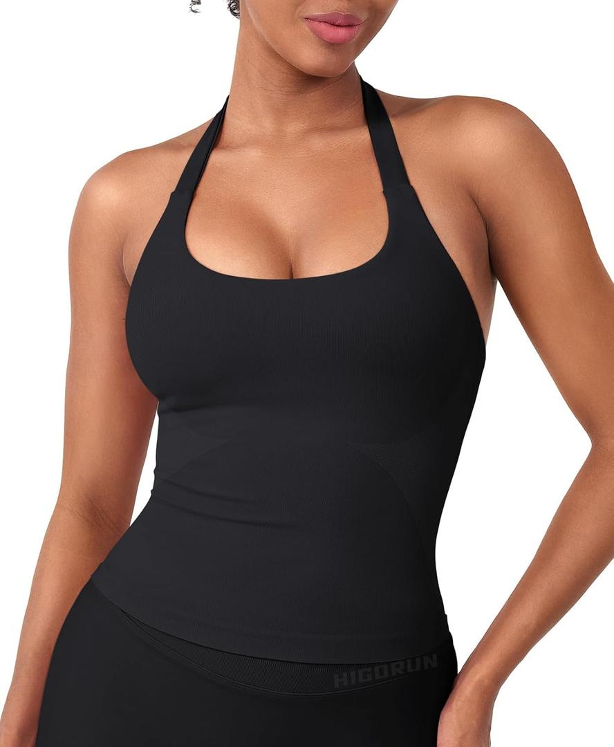 HIGORUN Halter Impact Tank Tops for Women Y2K Workout Longline Crop Tops with Built in Bras Open Back Going Out Gym Top (Black, L)