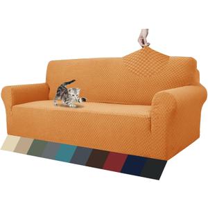 ZNSAYOTX 1 Piece Jacquard Couch Covers for 3 Cushion Couch Living Room High Stretch Sofa Cover Pets Dogs Friendly Anti Slip Thickened Slipcovers Furniture Protector (Large, Orange)