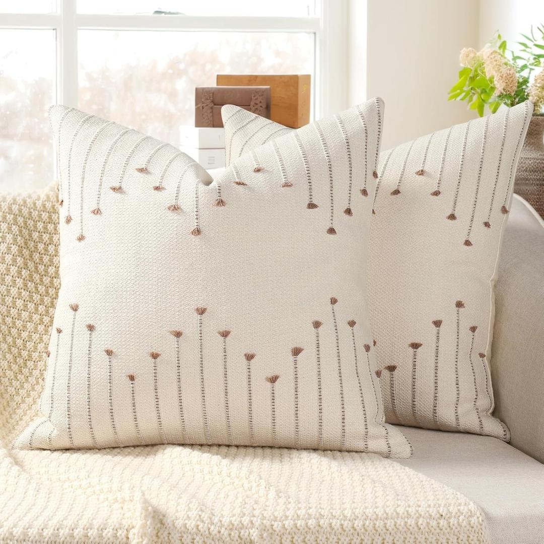 YCOLL Boho Spring Throw Pillow Covers 18x18 Set of 2 Neutral Woven Decorative Pillowcases Cotton Tufted Couch Pillows Modern Farmhouse Cushion Covers for Sofa Couch Bed Living Room Home Decor, Khaki