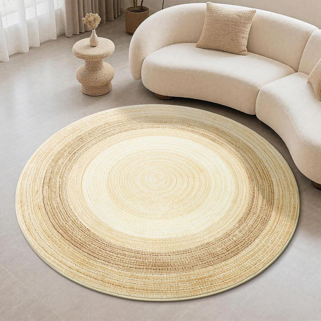 Carvapet 4 ft Round Washable Rug, Imitation Jute Low Pile Circle Carpet with Non Slip Rubber Backing, Foldable Stain Resistant Area Rug for Living Room Bedroom Office Bathroom