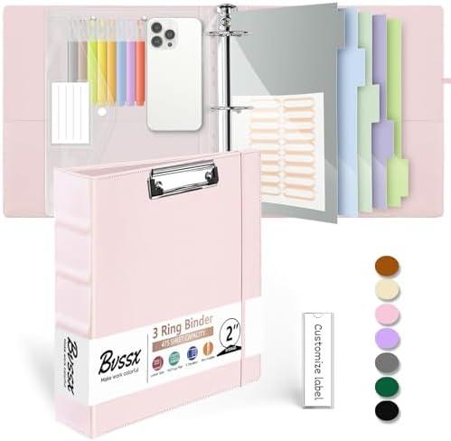 Leather 3 Ring Binder, 2 Inch Binders with Clipboards, 5-Tabs Pockets Dividers, 18 Divider Stikers, Plastic Folder, Pen Holder, Three Ring Binder with Pen Holder(Pink, Letter Size)