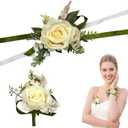 White Ivory Corsage and Boutonniere Set for Bride Groom, Artificial Rose Flowers Wrist Corsage Bracelets Homecoming Flower Prom Suit Accessories Boutonniere for Wedding Prom Party Decorations