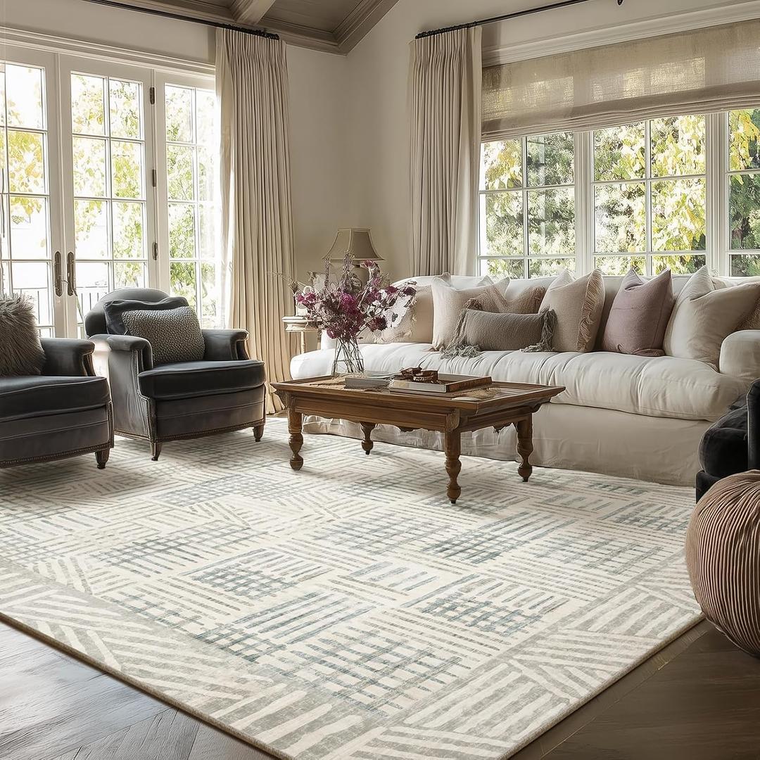 Area Rug 8x10 Abstract Geometric Textured Brushstroke - Neutral Gray & Light Blue Modern Minimalist Area Rug, Decorative Carpet for Living Room Bedroom Home Decor