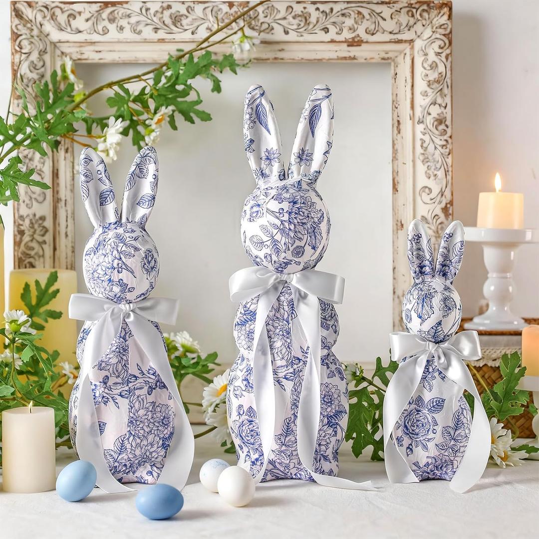 Threehoney 3 Pcs Easter Bunny Decorations Chinoiserie Blue and White Floral Rabbit Figurines 15.5/13/10 Inch Easter Bunny Centerpieces for Table Mantel Decor Spring Farmhouse Home Office Holiday Party