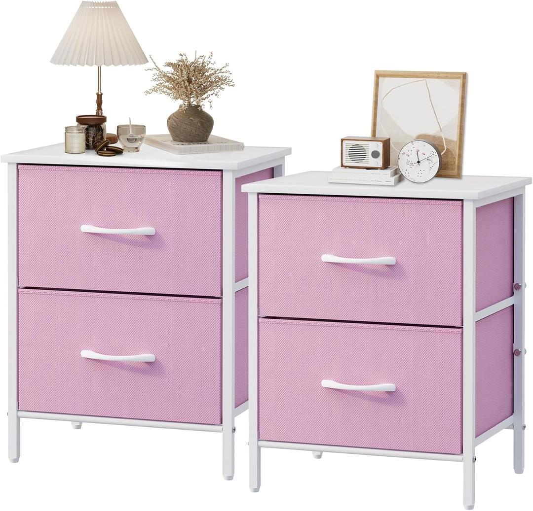 Stero Nightstand Set of 2, Kids Dresser with 2 Drawers, Steel Frame Bedside Furniture, Wood Top Fabric Night Stand, Colorful End Table for Home, Bedroom, Office, Pink