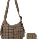 Puffer Tote Bag Quilted Carryall Bag Adjustable Shoulder Long Strap Puffy Hobo Crossbody Bag for Women with Detachable Pouch (Coffee)